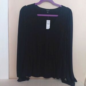 Ann Taylor Dressy Black Blouse With Tie In Soft Modal Blend.